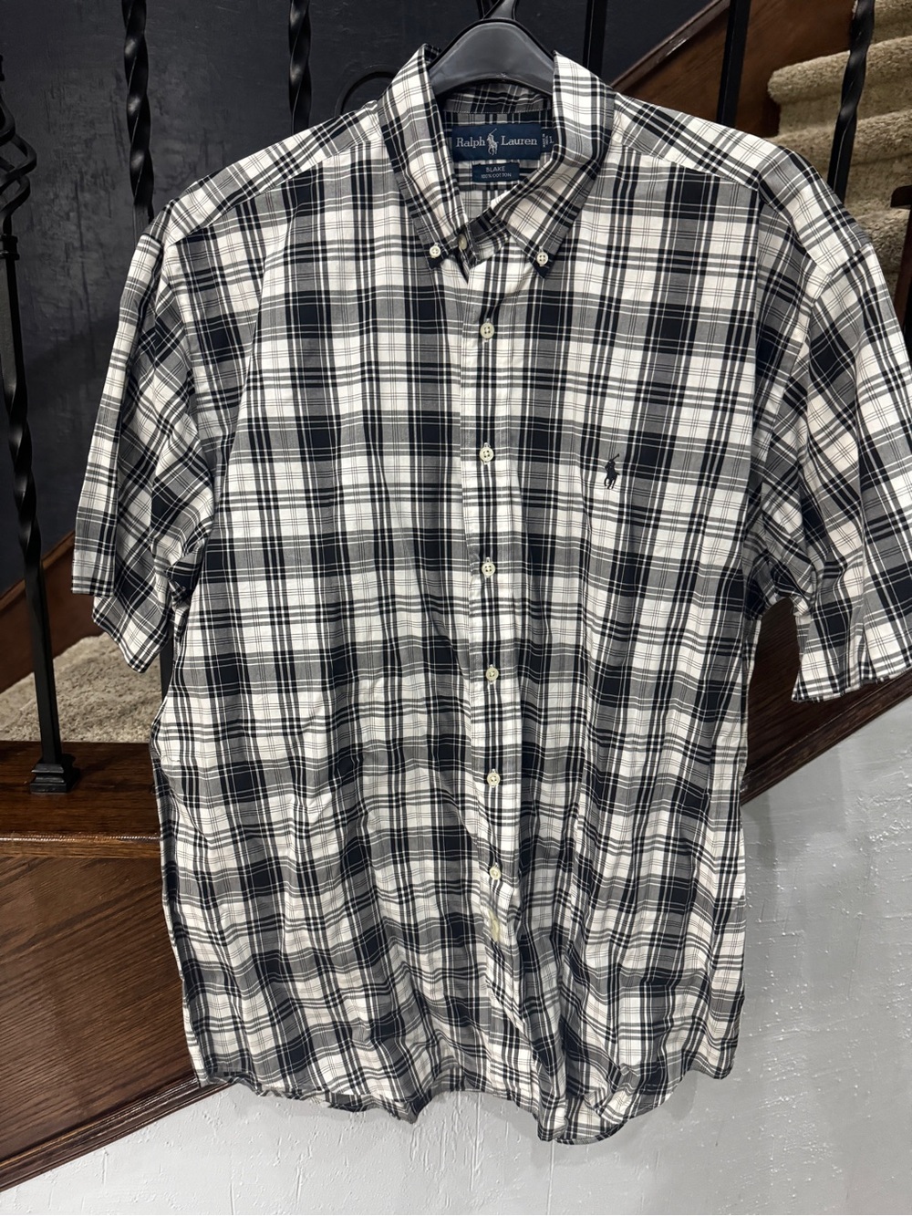 NEW LARGE Ralph Lauren Men’s Short Sleeve Plaid Button-Down Shirt - Black White